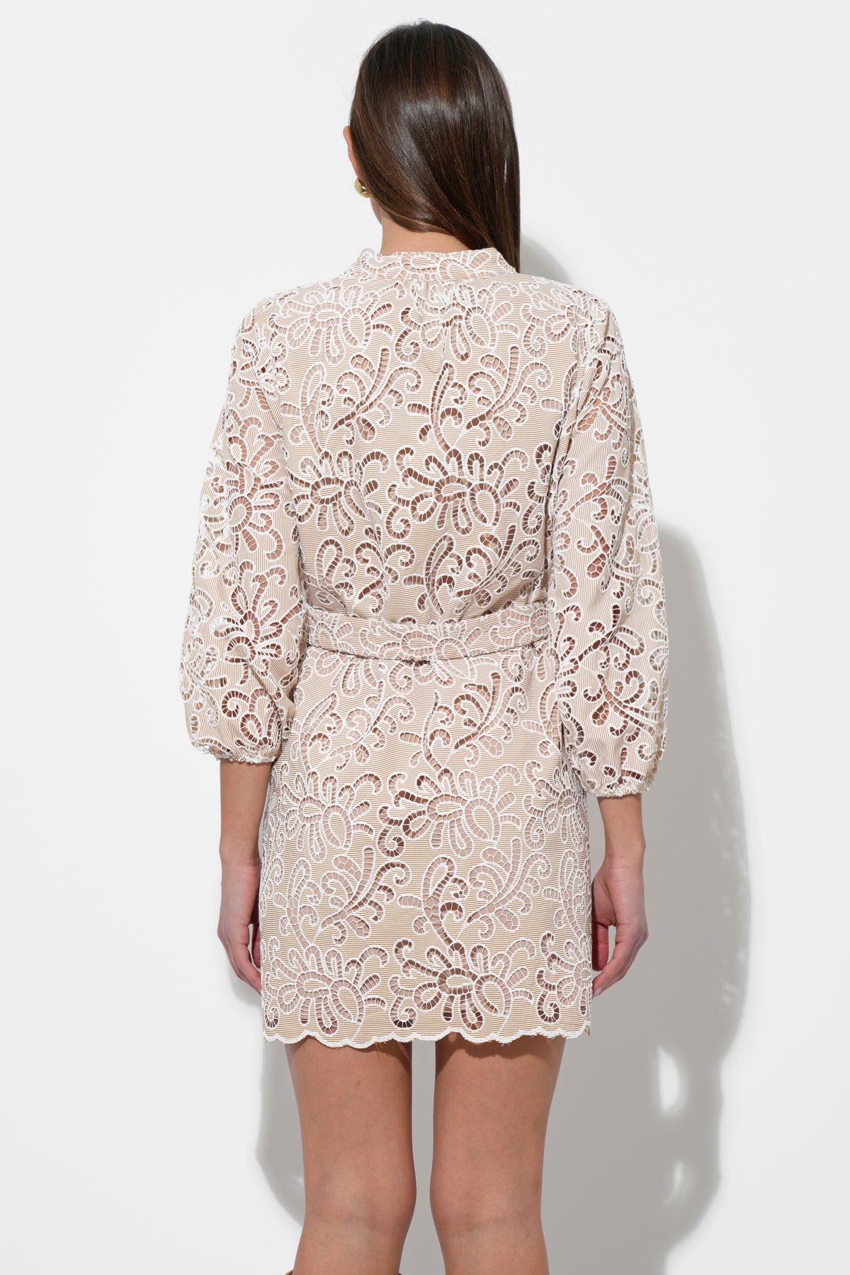 Lina Embroidered Eyelet Scalloped Belted Dress