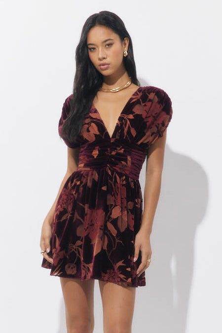 Myla Ruched Velvet Burnout Mini Dress