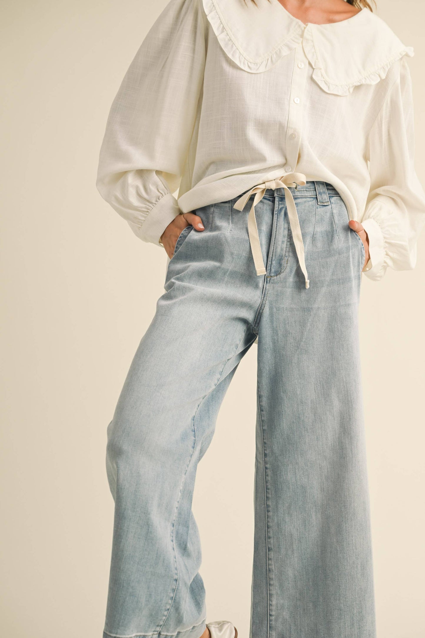 WASHED DENIM WITH TIE FRONT PANTS