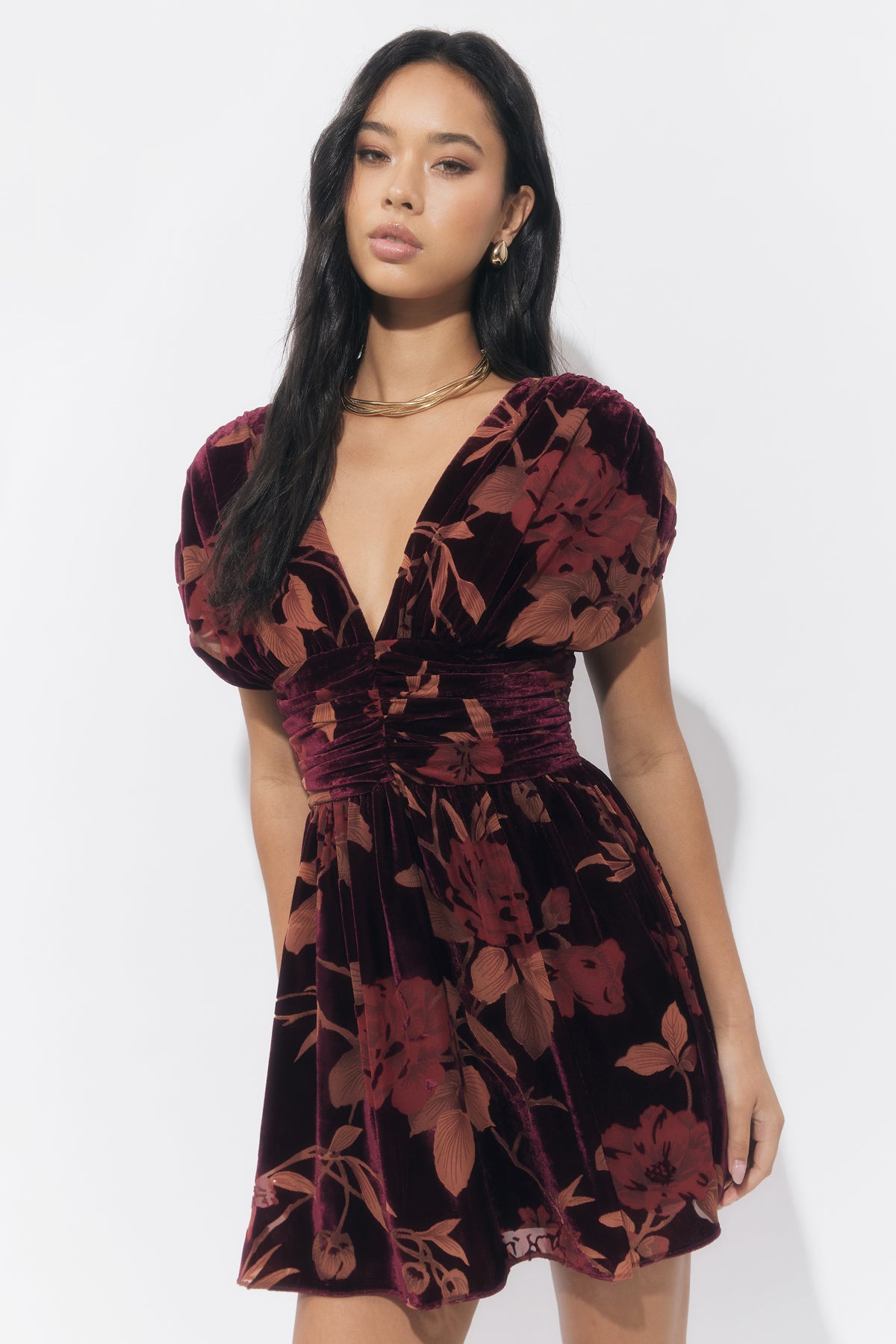 Myla Ruched Velvet Burnout Mini Dress