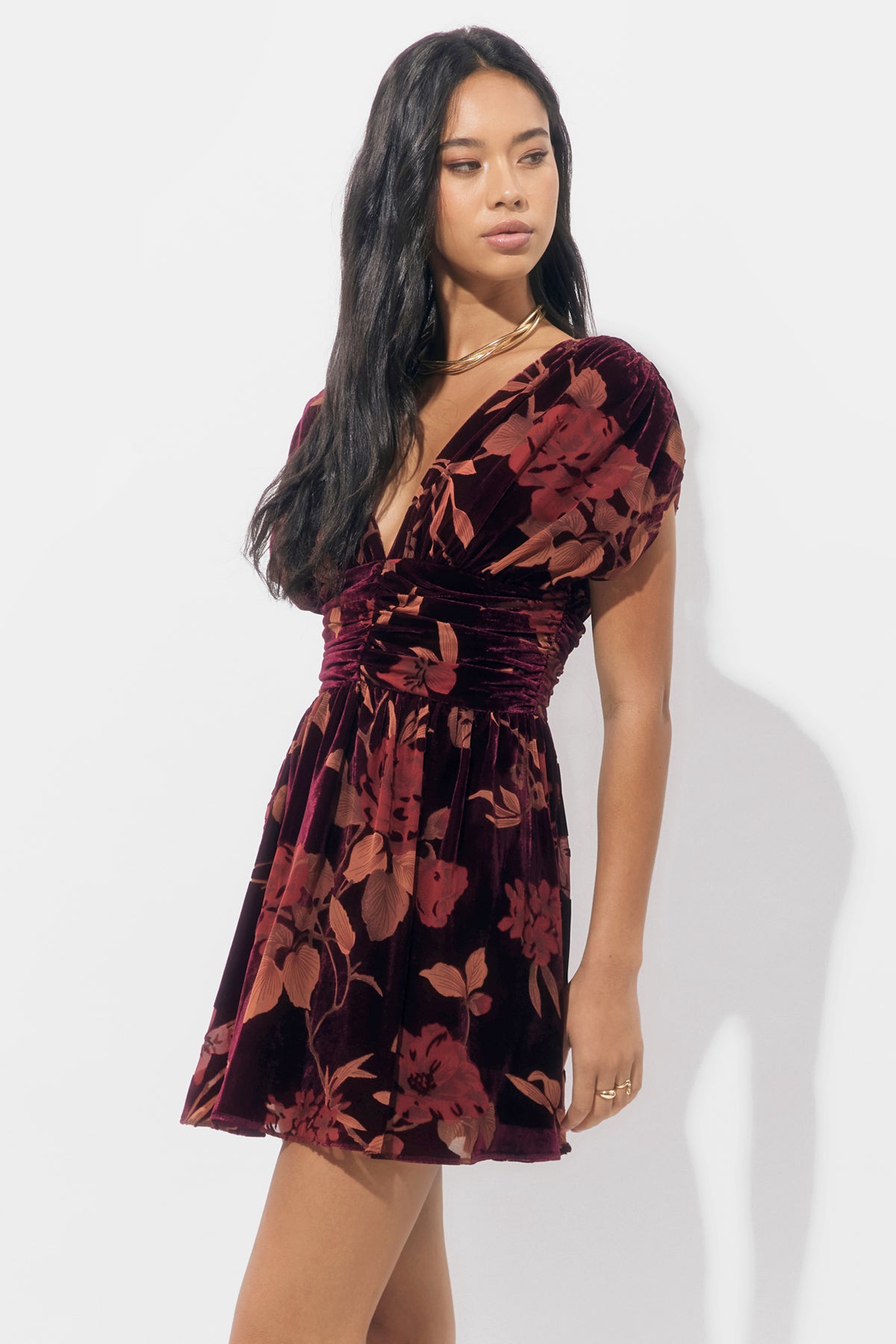 Myla Ruched Velvet Burnout Mini Dress