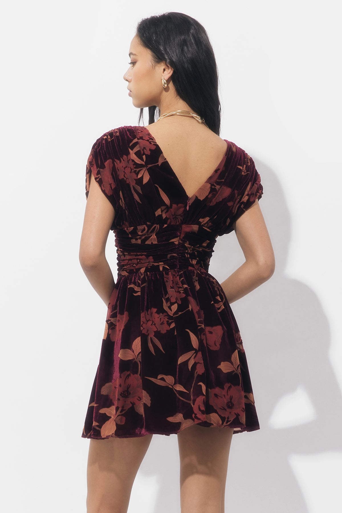 Myla Ruched Velvet Burnout Mini Dress