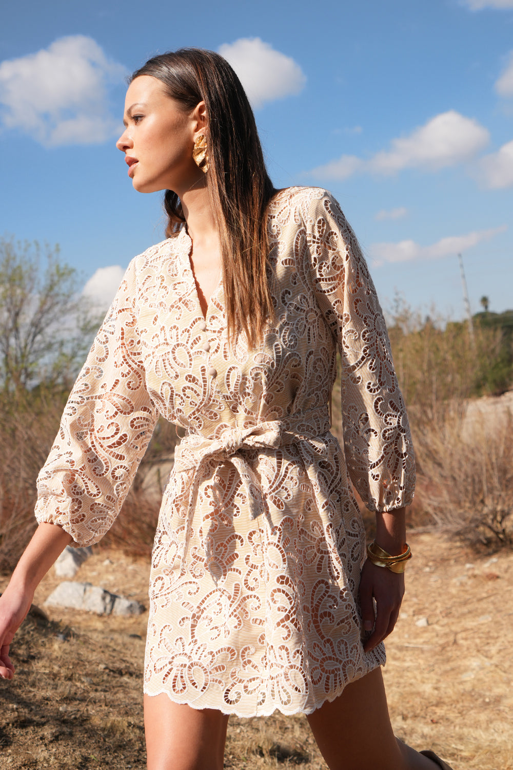 Lina Embroidered Eyelet Scalloped Belted Dress