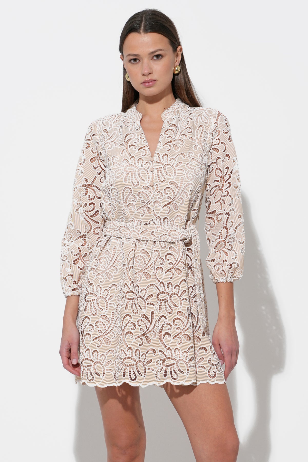 Lina Embroidered Eyelet Scalloped Belted Dress