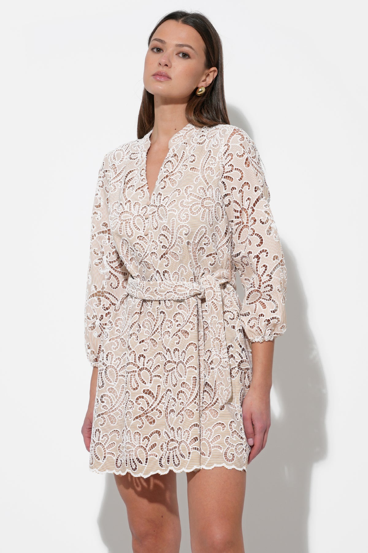 Lina Embroidered Eyelet Scalloped Belted Dress