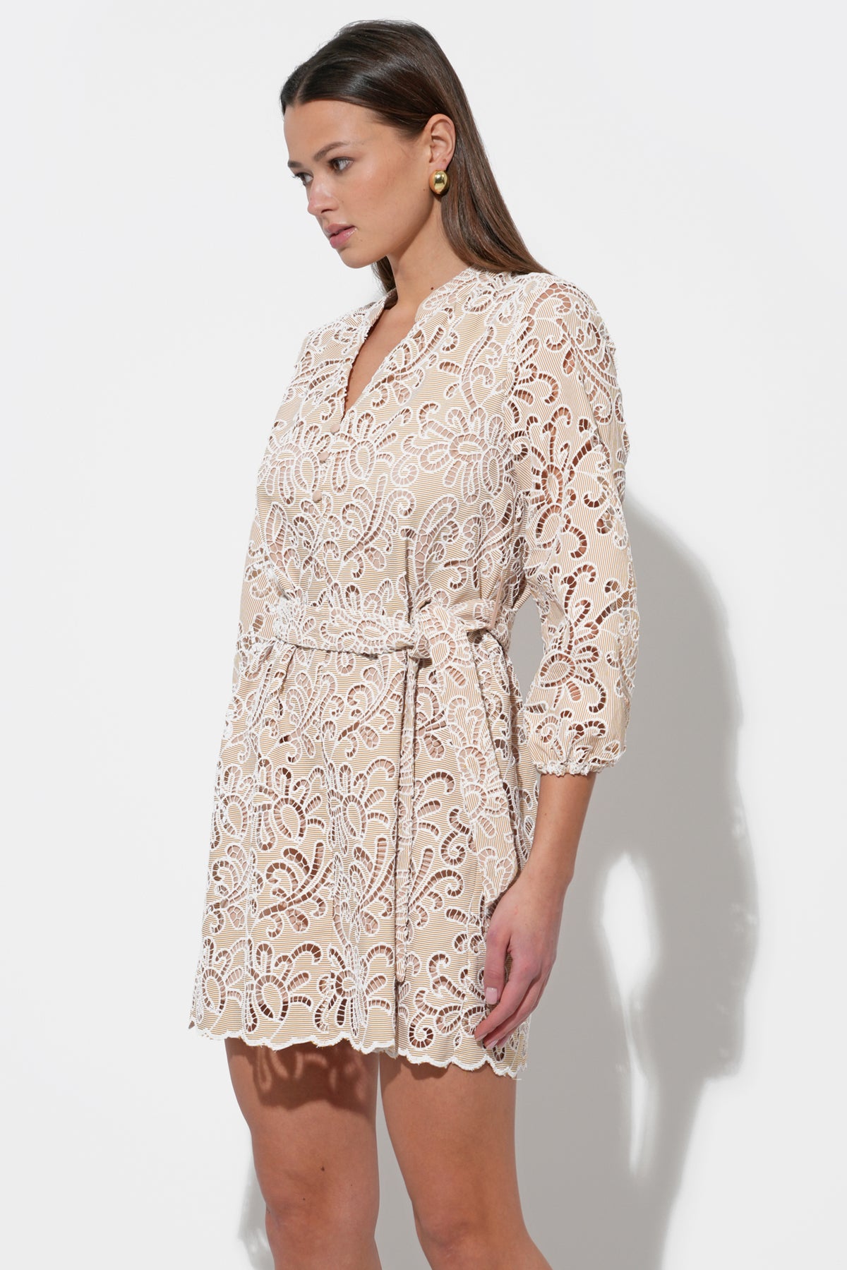 Lina Embroidered Eyelet Scalloped Belted Dress