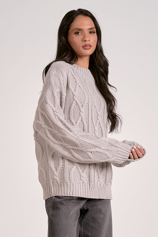 Elan Crewneck Cable Knit Sweater - Light Grey